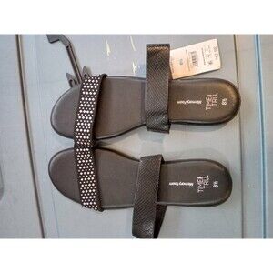 TIME AND TRU MEMORY FOAM Black Rhinestone Flat Heel Slide Sandals Sz 8 1/2